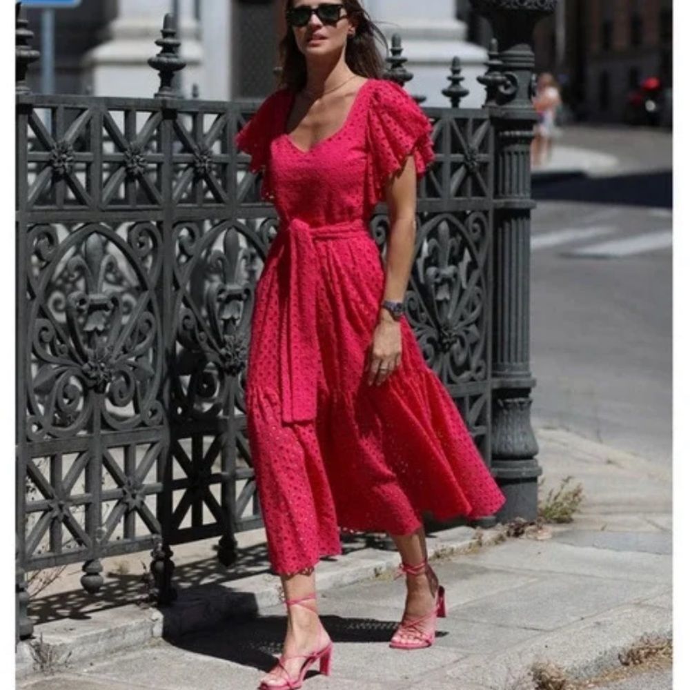 Zara Fuchsia Openwork Embroidered Midi Dress - Picture 5 of 12